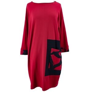 Chalet et ceci Dress S Red Black Abstract 3/4 Sleeve Tunic Dress USA Lagenlook